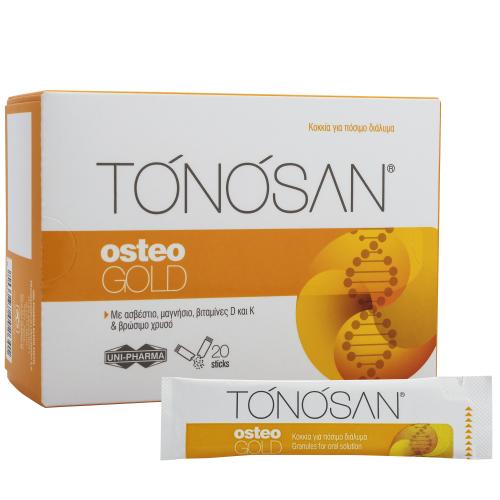 Tonosan Osteo Gold Συμπλήρωμα Διατροφής με Ασβέστιο, Μαγνήσιο, Βιταμίνες D, K & Βρώσιμο Χρυσό για την Ενίσχυση Μυών & Οστών, Γεύση Εσπεριδοειδών 20 Φακελίσκοι